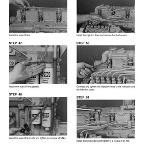 May include: A grayscale diagram showing steps for engine maintenance. The steps include installing lines, gaskets, and bolts, with torque specifications in Nm. The image also shows the text "CASE" on a filter.