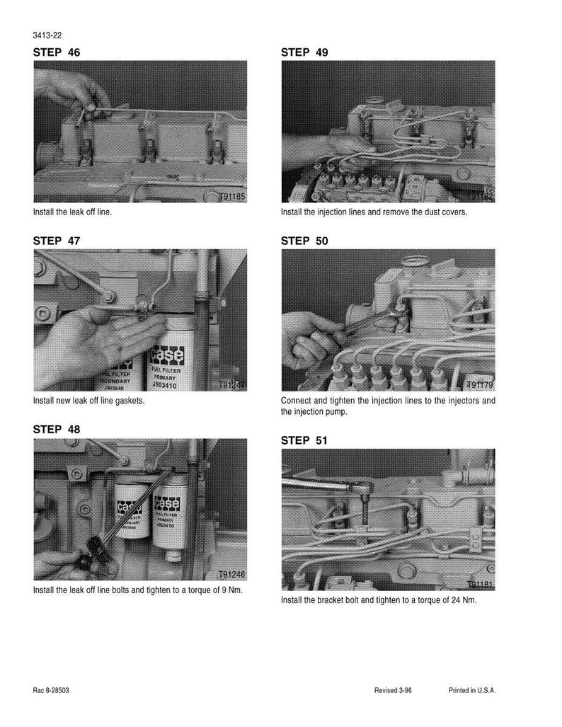 May include: A grayscale diagram showing steps for engine maintenance. The steps include installing lines, gaskets, and bolts, with torque specifications in Nm. The image also shows the text "CASE" on a filter.