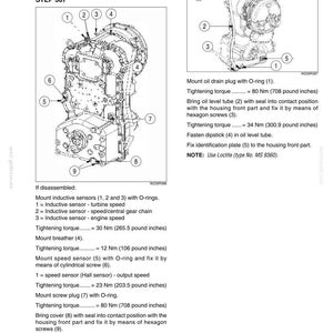 May include: A technical manual page titled REASSEMBLY - Inductive sensor, Hall sensor, breather, oil filler and oil drain plug. It features two black and white line drawings of an engine assembly with numbered parts and detailed installation instructions.