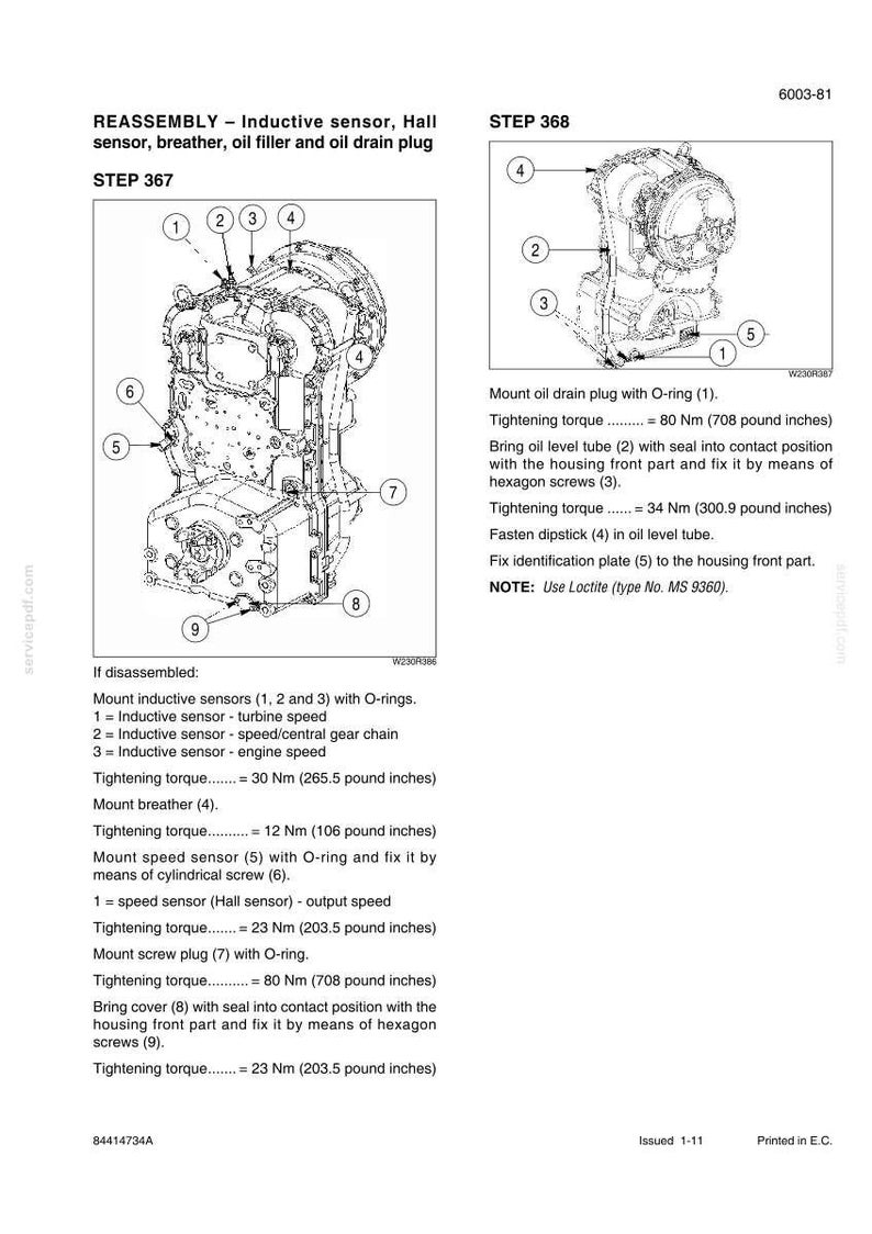 May include: A technical manual page titled REASSEMBLY - Inductive sensor, Hall sensor, breather, oil filler and oil drain plug. It features two black and white line drawings of an engine assembly with numbered parts and detailed installation instructions.