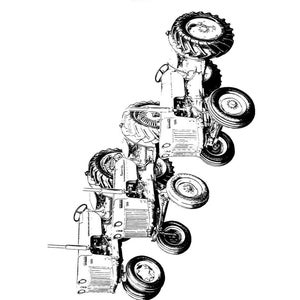 May include: Black and white illustration of a series of tractors. The image includes the text "350," "500B," "600B" SERIES TRACTORS GROUP A - GENERAL" at the top. The tractors are shown from multiple angles, with large tires and detailed mechanical components.