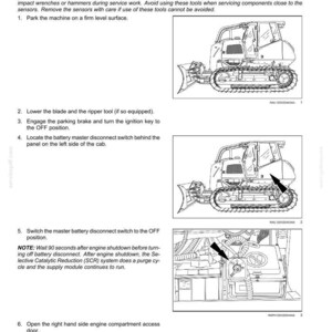 May include: A technical document detailing the removal of a Selective Catalytic Reduction (SCR) humidity sensor. Includes diagrams of heavy machinery and instructions for disconnecting the battery and accessing engine components.