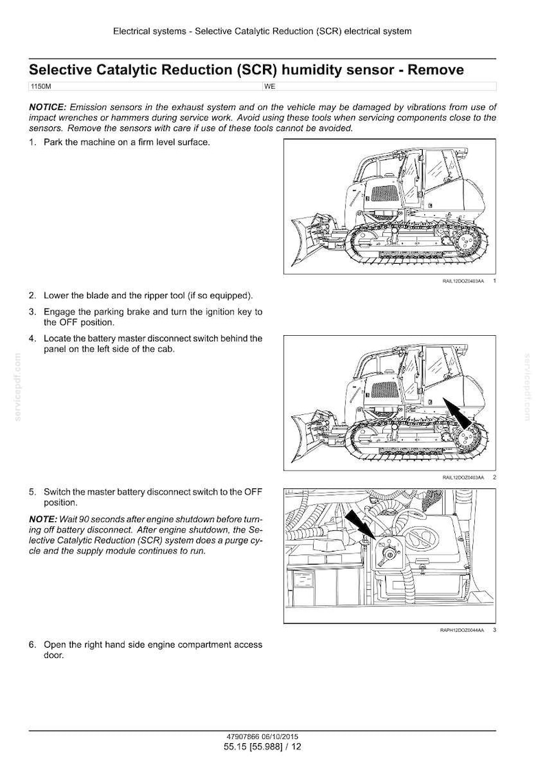 May include: A technical document detailing the removal of a Selective Catalytic Reduction (SCR) humidity sensor. Includes diagrams of heavy machinery and instructions for disconnecting the battery and accessing engine components.
