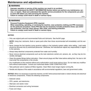 May include: A page from a maintenance manual with the title "7 - MAINTENANCE." The page includes warnings about safety, the need for Personal Protective Equipment (PPE), and notices about using original parts and fluids. It also lists components like solenoid valves and electrical connectors.