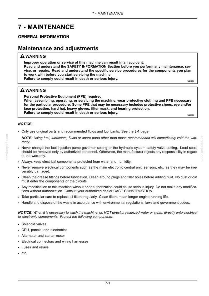 May include: A page from a maintenance manual with the title "7 - MAINTENANCE." The page includes warnings about safety, the need for Personal Protective Equipment (PPE), and notices about using original parts and fluids. It also lists components like solenoid valves and electrical connectors.