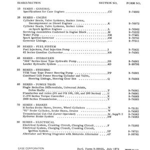Może przedstawiać: Wydrukowany spis treści dla ładowarek W8C, W9C i W10C, wymieniający serie i sekcje takie jak silnik, układ paliwowy, hydraulika, układ kierowniczy, układ napędowy, hamulce i układy elektryczne. Zawiera numery formularzy.
