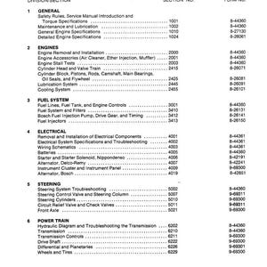 May include: A table of contents from a 680K Loader Backhoe service manual. The document lists various sections including engines, fuel systems, electrical components, steering, and power train. The document is printed in the USA.