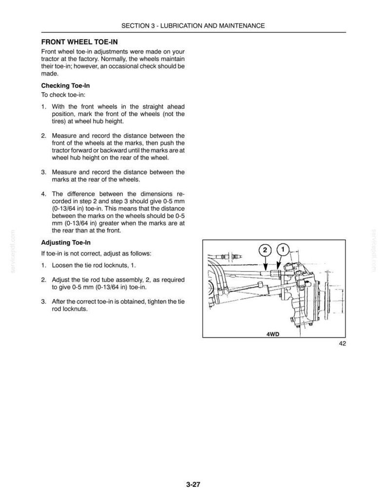 May include: A technical manual page titled Section 3 - Lubrication and Maintenance, detailing instructions for front wheel toe-in adjustments on a tractor. It includes numbered steps, a 4WD diagram with labels 1 and 2, and specifies 0-5 mm toe-in.