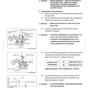 May include: A technical document page titled Adjustment of valve clearance, featuring black text and three diagrams illustrating mechanical components like rocker arms, crossheads, and thickness gauges with specific torque and clearance values.