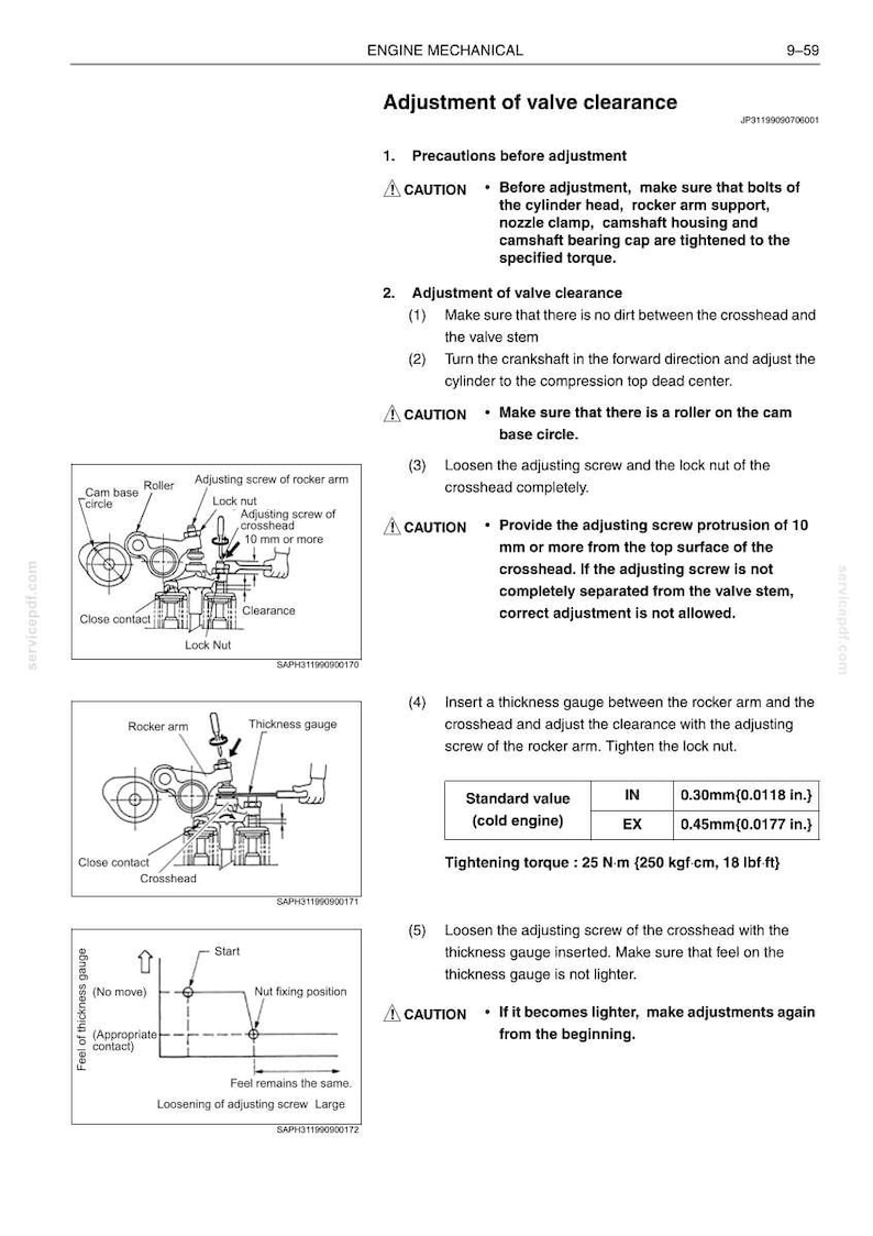 May include: A technical document page titled Adjustment of valve clearance, featuring black text and three diagrams illustrating mechanical components like rocker arms, crossheads, and thickness gauges with specific torque and clearance values.