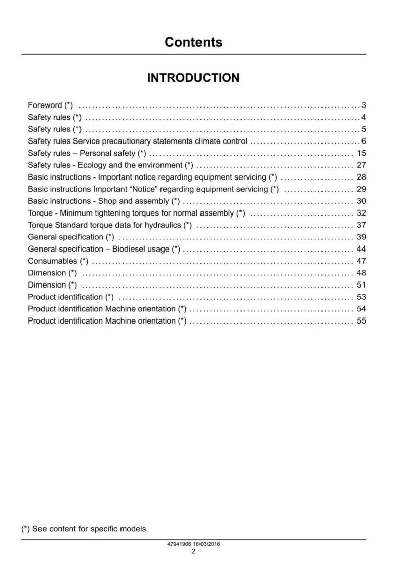 May include: A page from a manual titled "Contents" and "Introduction." The table of contents lists various topics, including safety rules, basic instructions, and specifications. The document includes a date and model information at the bottom.