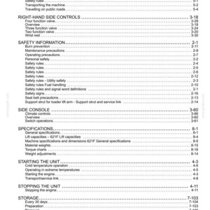 May include: A detailed table of contents from a manual, with headings such as "Operator's Seat," "Recovery Transport," and "Safety Information." The text is black on a white background, with page numbers and section references.