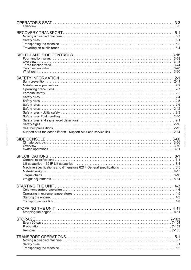 May include: A detailed table of contents from a manual, with headings such as "Operator's Seat," "Recovery Transport," and "Safety Information." The text is black on a white background, with page numbers and section references.