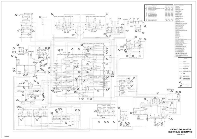 Puede incluir: Esquema t&eacute;cnico detallado del sistema hidr&aacute;ulico de una excavadora CX300C, renderizado en blanco y negro. El diagrama presenta numerosos componentes interconectados, l&iacute;neas y etiquetas, con una leyenda y una lista de piezas. El texto "CX300C EXCAVATOR HYDRAULIC SCHEMATIC" es visible.