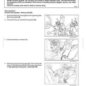 May include: Diagram of control valve joystick installation steps. Includes warnings about injury and instructions for connecting parts. Text includes "Control valve joystick - Install" and "Avoid injury!"