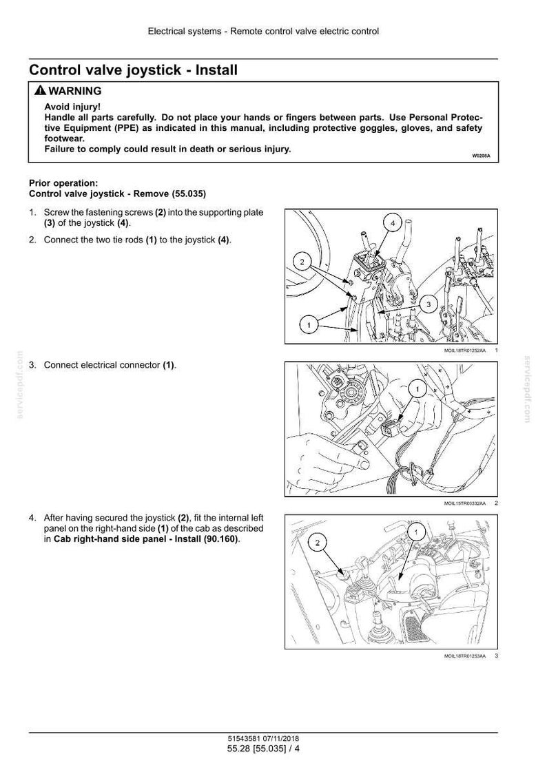 May include: Diagram of control valve joystick installation steps. Includes warnings about injury and instructions for connecting parts. Text includes "Control valve joystick - Install" and "Avoid injury!"