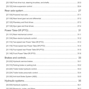 May include: A detailed table of contents from a technical manual, listing various automotive systems. Sections include front and rear axle systems, power take-off, brakes, controls, and hydraulic systems. The document is dated 17/11/2015.