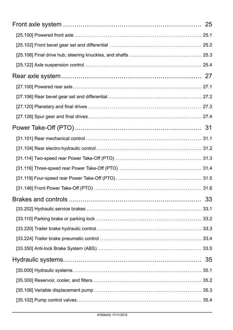 May include: A detailed table of contents from a technical manual, listing various automotive systems. Sections include front and rear axle systems, power take-off, brakes, controls, and hydraulic systems. The document is dated 17/11/2015.