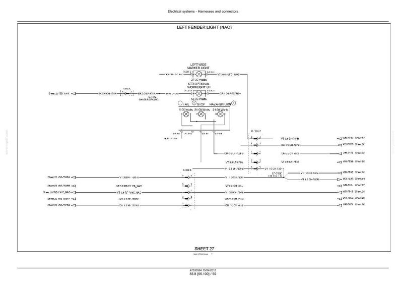 May include: Diagram of the electrical system for the left fender light, labeled "LEFT FENDER LIGHT (NAD)". The diagram includes wiring, connectors, and text labels. Sheet 27 is visible at the bottom.