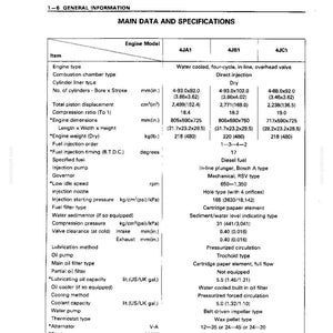 Peut inclure: Un document technique intitul&eacute; 1-6 GENERAL INFORMATION MAIN DATA AND SPECIFICATIONS. Il contient un tableau listant les sp&eacute;cifications moteur pour les mod&egrave;les 4JA1, 4JB1 et 4JC1, incluant l'al&eacute;sage, la course, la cylindr&eacute;e et les dimensions en mm.