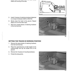 May include: Page from an operating manual with diagrams and instructions for heavy machinery. Includes illustrations of an excavator and close-ups of hardware installation steps. Text includes instructions for setting tracks and installing hardware.