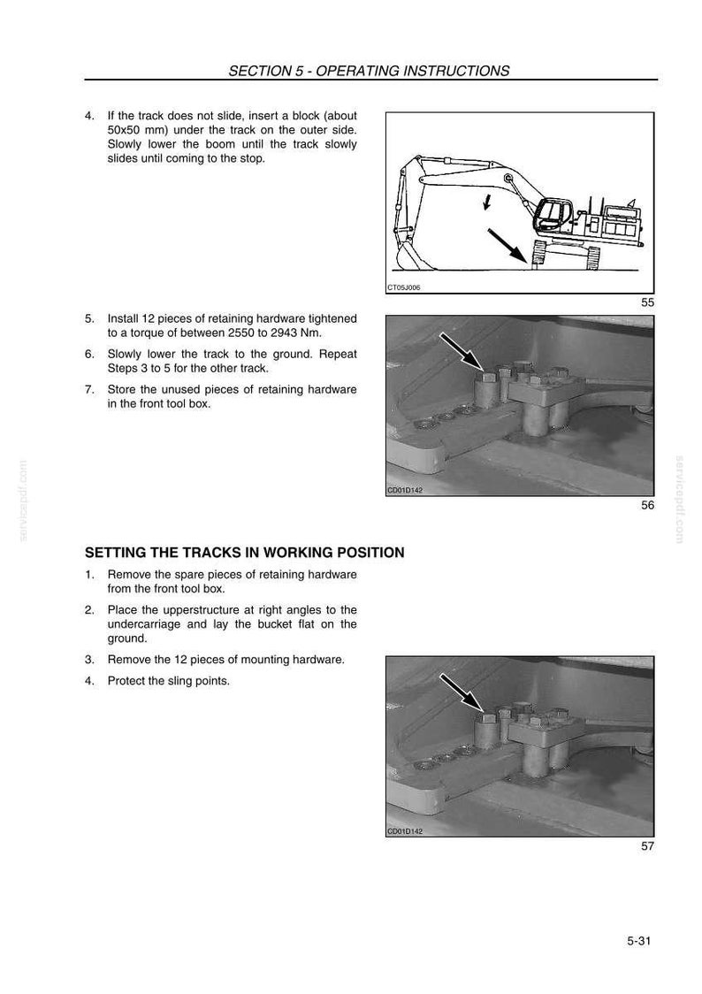 May include: Page from an operating manual with diagrams and instructions for heavy machinery. Includes illustrations of an excavator and close-ups of hardware installation steps. Text includes instructions for setting tracks and installing hardware.