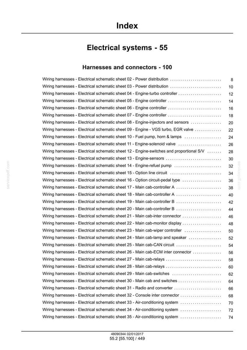 May include: Index page for electrical systems, featuring a list of wiring harnesses and connectors. The document includes schematic sheets for various components like engine controllers, sensors, and air conditioning systems. The page number is 55.