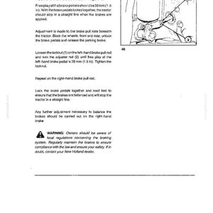 May include: A technical manual page titled MAINTENANCE REQUIREMENTS - EVERY 300 HOURS, SECTION 2, detailing OPERATION 17 FOOTBRAKE ADJUSTMENT. It includes a black and white line drawing labeled Figura 46 showing brake pull rod components numbered 1 and 2.