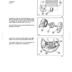 May include: A technical manual page titled SECTION 55 - ELECTRICAL SYSTEM - CHAPTER 4, featuring three black and white line drawings labeled Fig. 26, 27, and 28. The diagrams illustrate an electronic voltage regulator, a rotor assembly, and a rectifier bridge.