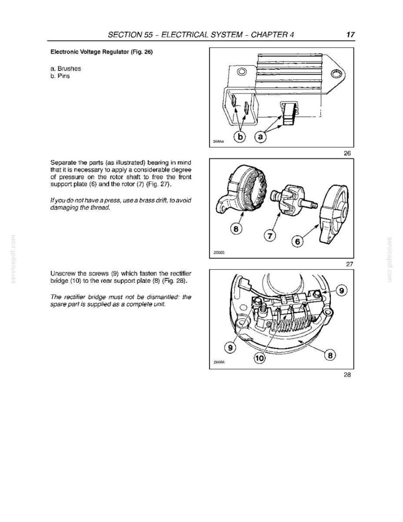 May include: A technical manual page titled SECTION 55 - ELECTRICAL SYSTEM - CHAPTER 4, featuring three black and white line drawings labeled Fig. 26, 27, and 28. The diagrams illustrate an electronic voltage regulator, a rotor assembly, and a rectifier bridge.