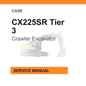 May include: White background with the text "CASE" at the top, followed by "CX225SR Tier 3" in bold black font. Below is "Crawler Excavator" and a faded illustration of the excavator. An orange rectangle at the bottom reads "SERVICE MANUAL."