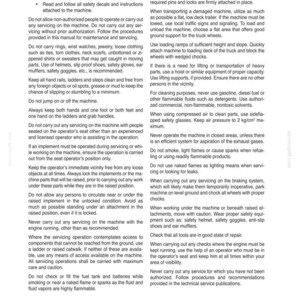 May include: A page from a maintenance manual with safety guidelines. The text includes warnings about operating machinery, personal protective equipment, and fire hazards. It also provides instructions for towing and lifting.