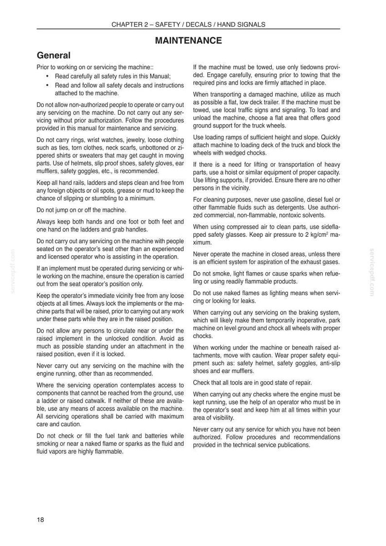 May include: A page from a maintenance manual with safety guidelines. The text includes warnings about operating machinery, personal protective equipment, and fire hazards. It also provides instructions for towing and lifting.