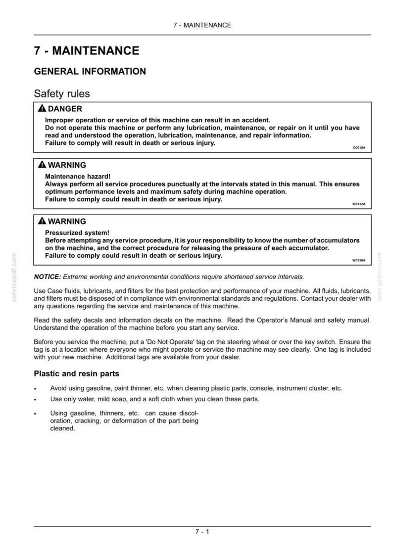 May include: A page from a maintenance manual with the title "7 - MAINTENANCE." The page includes safety rules, warnings, and notices about machine operation, lubrication, and repair. It also provides instructions for cleaning plastic and resin parts.
