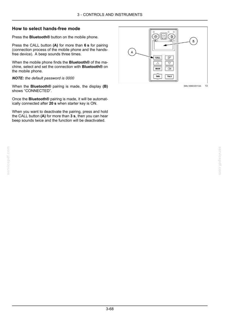 K&ouml;nnte beinhalten: Eine Seite aus einem technischen Handbuch mit dem Titel 3 - CONTROLS AND INSTRUMENTS, die beschreibt, wie der Freisprechmodus ausgew&auml;hlt wird. Sie enth&auml;lt Anweisungen zur Bluetooth-Kopplung und ein Diagramm eines Bedienfelds mit den Tasten CALL, MODE, TMR und TALK.