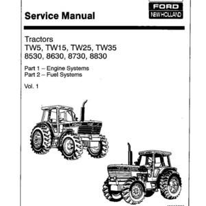 Op de afbeelding: Een zwart-wit Ford servicehandleiding omslag. De omslag bevat het Ford-logo en de tekst "Service Manual". De handleiding behandelt tractoren, waaronder de modellen TW5, TW15, TW25, TW35, 8530, 8630, 8730 en 8830. Twee tractorillustraties zijn afgebeeld.