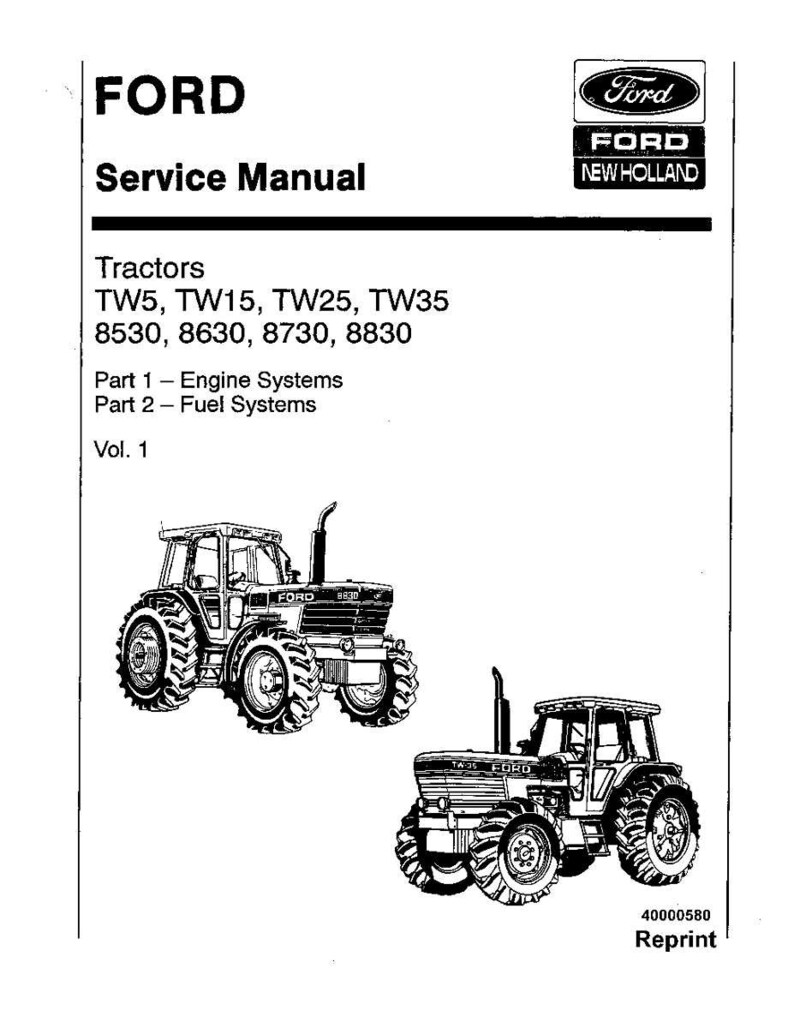Op de afbeelding: Een zwart-wit Ford servicehandleiding omslag. De omslag bevat het Ford-logo en de tekst "Service Manual". De handleiding behandelt tractoren, waaronder de modellen TW5, TW15, TW25, TW35, 8530, 8630, 8730 en 8830. Twee tractorillustraties zijn afgebeeld.