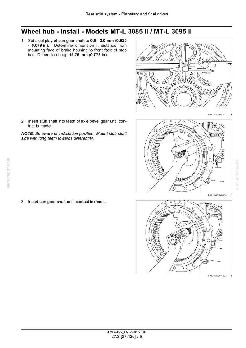 May include: Diagram of a wheel hub installation for MT-L 3085 II / MT-L 3095 II models. The image shows step-by-step instructions with measurements in inches and diagrams of the axle bevel gear and sun gear shaft assembly.