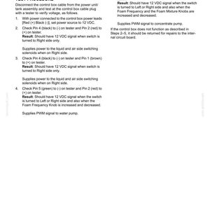 Puede incluir: Una p&aacute;gina blanca con texto negro que detalla un procedimiento de prueba para una caja de control de marcador de espuma. El texto incluye instrucciones para probar el voltaje, verificar los pines y solucionar problemas.