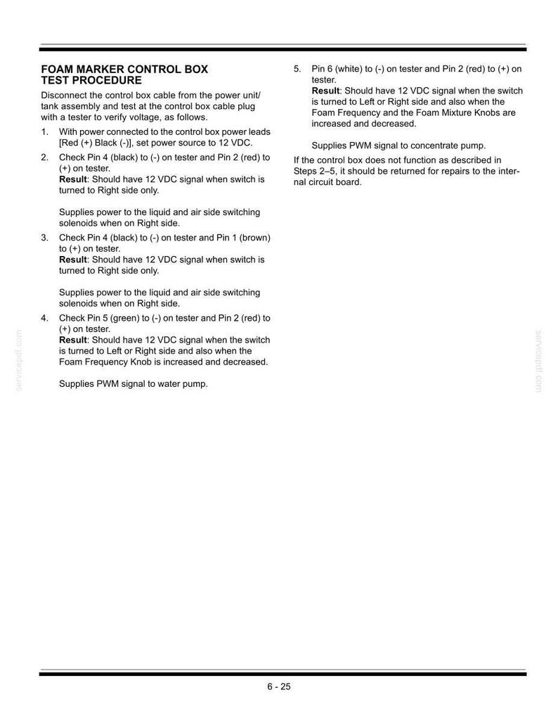 Puede incluir: Una p&aacute;gina blanca con texto negro que detalla un procedimiento de prueba para una caja de control de marcador de espuma. El texto incluye instrucciones para probar el voltaje, verificar los pines y solucionar problemas.