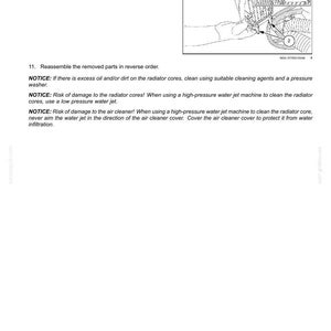 May include: A technical manual page titled 7 - MAINTENANCE, featuring text instructions for oil cooler and radiator assembly, and a black and white line drawing showing the coupling of support pins and oil cooler drive lines with numbered labels.