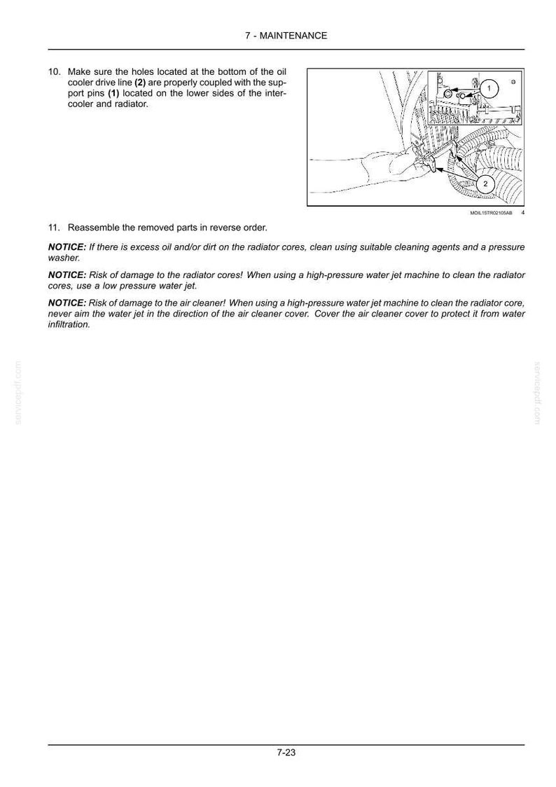May include: A technical manual page titled 7 - MAINTENANCE, featuring text instructions for oil cooler and radiator assembly, and a black and white line drawing showing the coupling of support pins and oil cooler drive lines with numbered labels.