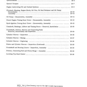 May include: A black and white printed page from a manual titled "TABLE OF CONTENTS". The page lists various engine-related topics such as "Flywheel, Housing, Engine Block, Oil Pan" and "Cylinder Sleeves - Inspection". The page number is 23-2.