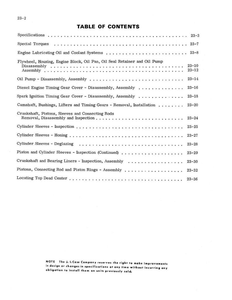 May include: A black and white printed page from a manual titled "TABLE OF CONTENTS". The page lists various engine-related topics such as "Flywheel, Housing, Engine Block, Oil Pan" and "Cylinder Sleeves - Inspection". The page number is 23-2.