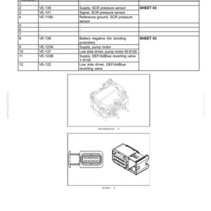 Op de afbeelding: Diagram van elektrische connectoren en componenten van de voedingsmodule. Bevat een tabel met pinnummers, draadnummers en circuitreferenties. Toont ook een connector en een schematisch frame.