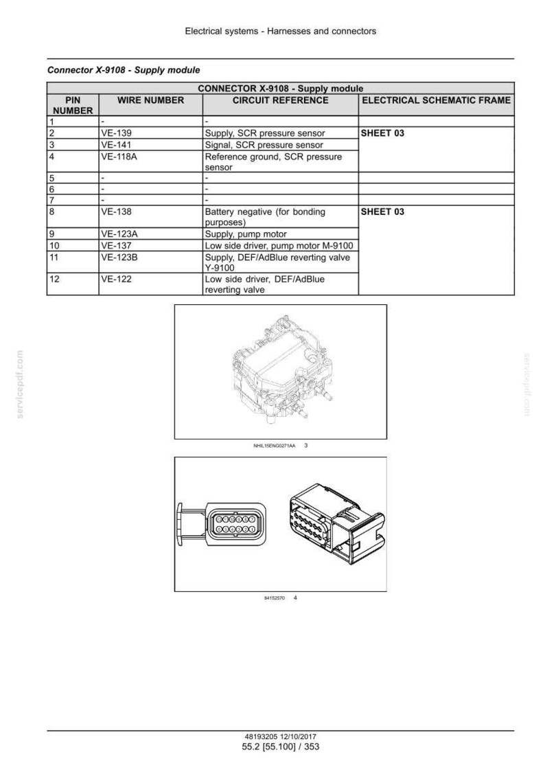 Op de afbeelding: Diagram van elektrische connectoren en componenten van de voedingsmodule. Bevat een tabel met pinnummers, draadnummers en circuitreferenties. Toont ook een connector en een schematisch frame.
