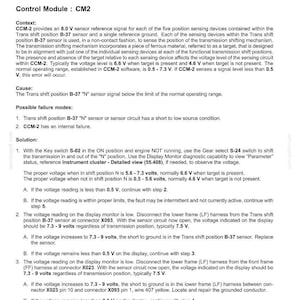 May include: A diagnostic document with electrical system fault codes, including E0128-04 for the Trans Shift Position N Sensor. It provides troubleshooting steps, voltage readings, and connector locations for automotive repair.