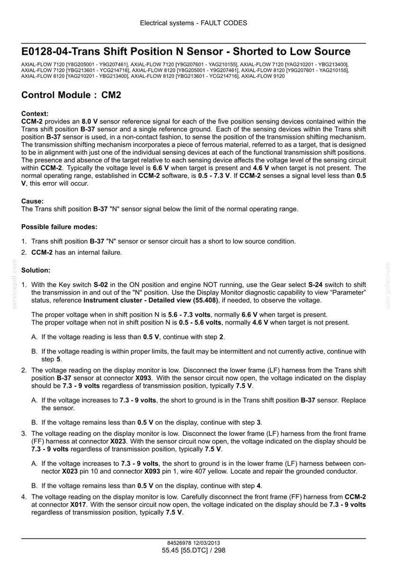May include: A diagnostic document with electrical system fault codes, including E0128-04 for the Trans Shift Position N Sensor. It provides troubleshooting steps, voltage readings, and connector locations for automotive repair.