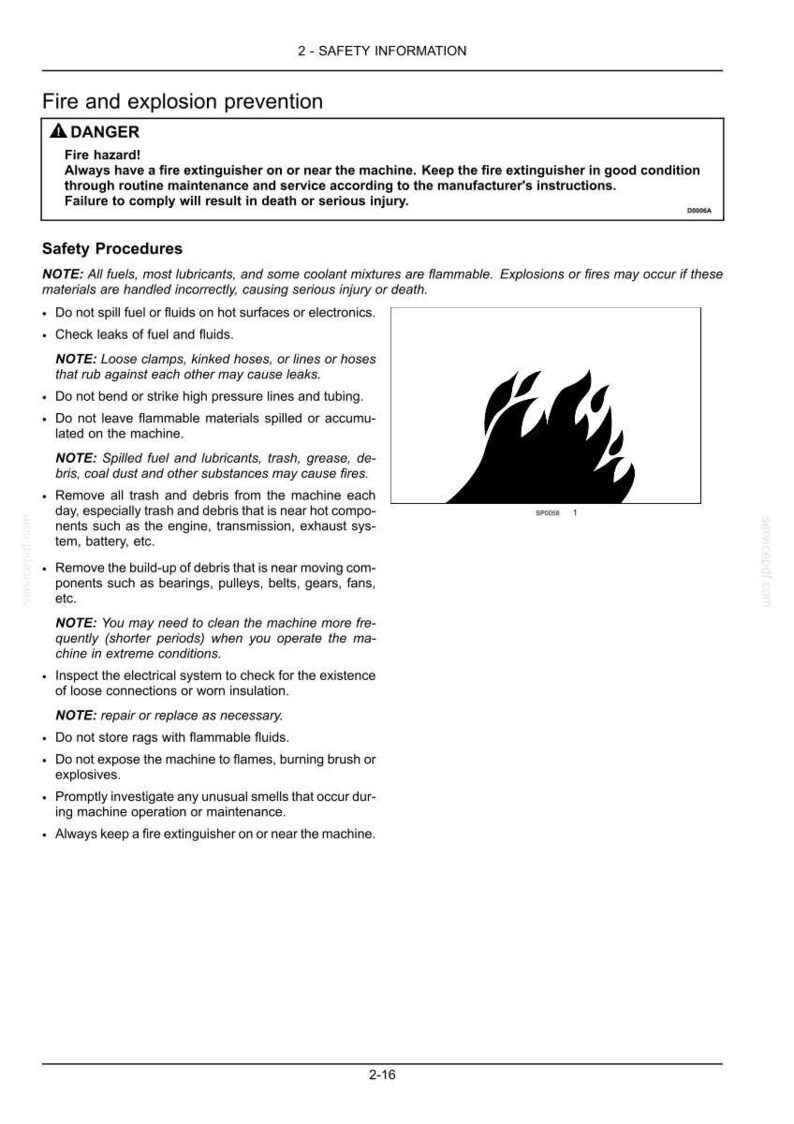 May include: Safety information page with fire and explosion prevention guidelines. Includes a warning about fire hazards and safety procedures. A black flame graphic is in the corner.