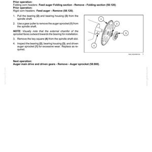May include: Diagram of an auger main drive and driven gears assembly, with numbered components for removal and inspection. Text includes instructions for removing the auger sprocket and related parts. The image is a technical illustration.